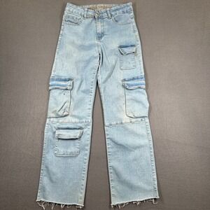 VIP Jeans Womens 3/4 Blue Denim Cargo Raw Hem Stretch Utility Pocket Outdoor